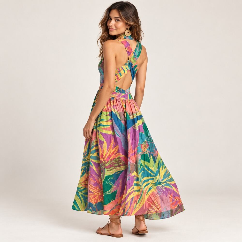 Vintage 80s Tropical Open Back Maxi Dress Deadstock NWT Small 5/7